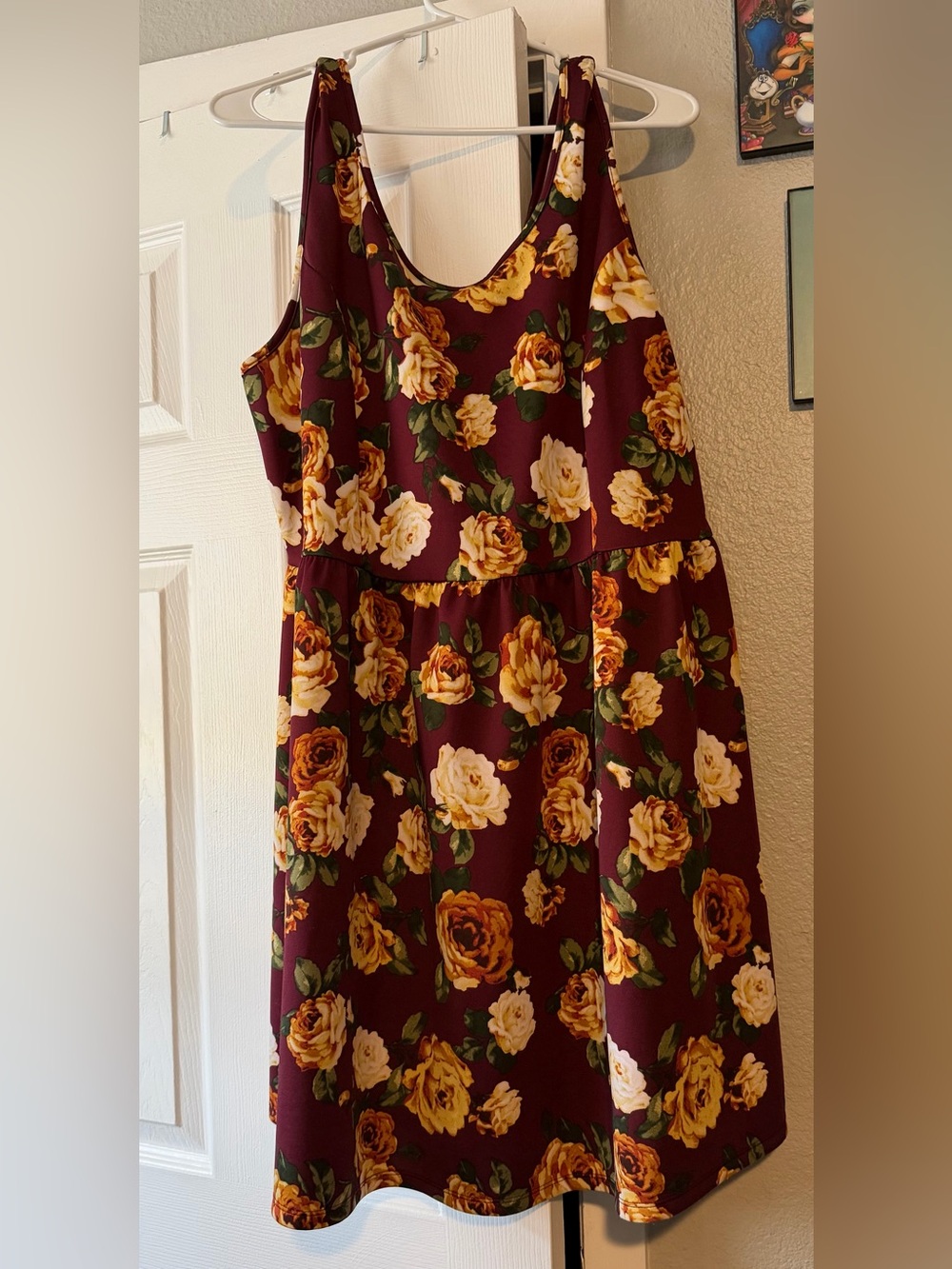 Forever 21 Burgundy Floral Sundress with Yellow Roses